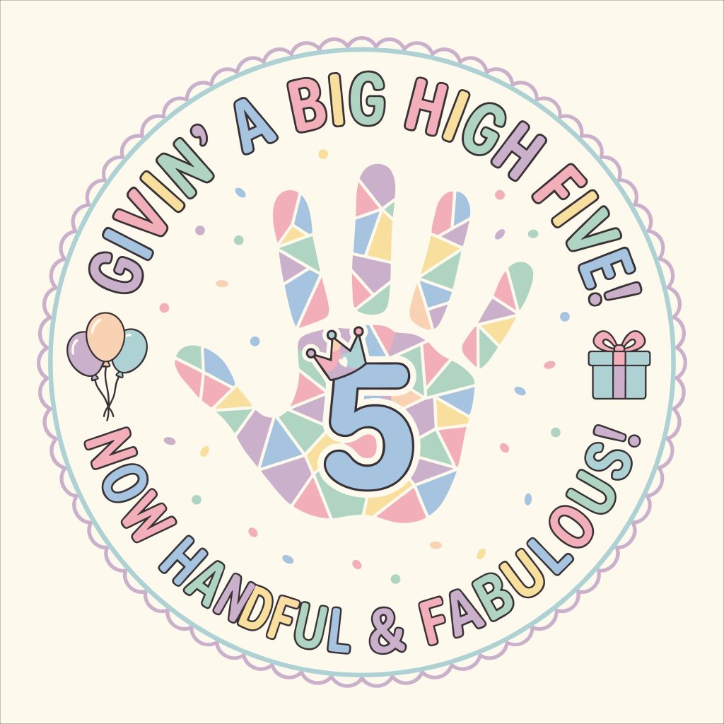 Free 5th birthday high five handful and fabulous SVG design with pastel handprint, balloons, and crown for Cricut and Silhouette.