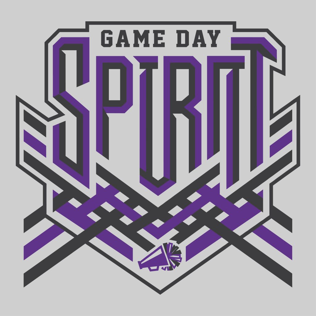 Bold Game Day Spirit typographic vector design featuring a cheerleader megaphone with purple and dark grey geometric lines.