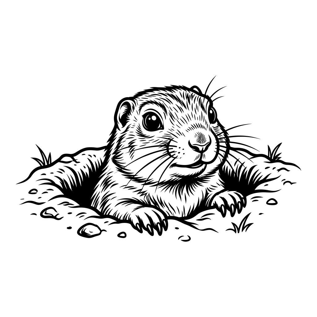 Black and white line art vector illustration of a cute groundhog emerging from a dirt burrow.