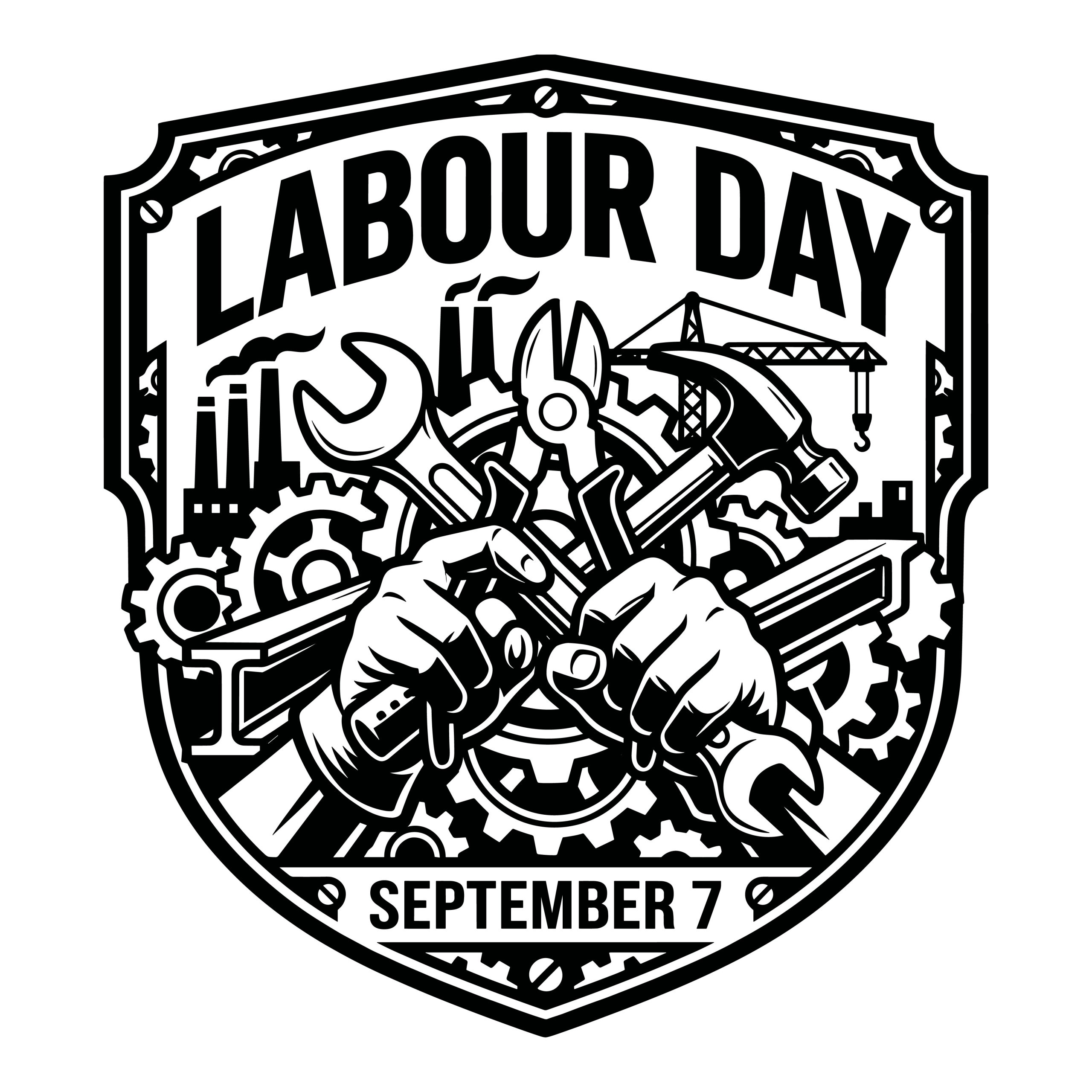 Black and white Labor Day vector emblem featuring hands holding a wrench, pliers, and hammer, surrounded by gears and a factory background.