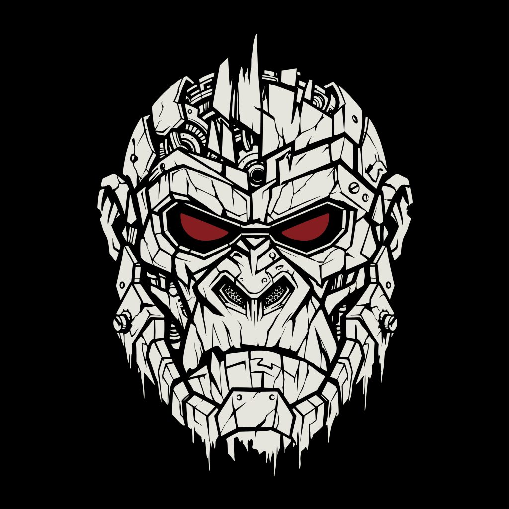 Free mecha gorilla cyborg vector illustration with cracked white armor and glowing red eyes