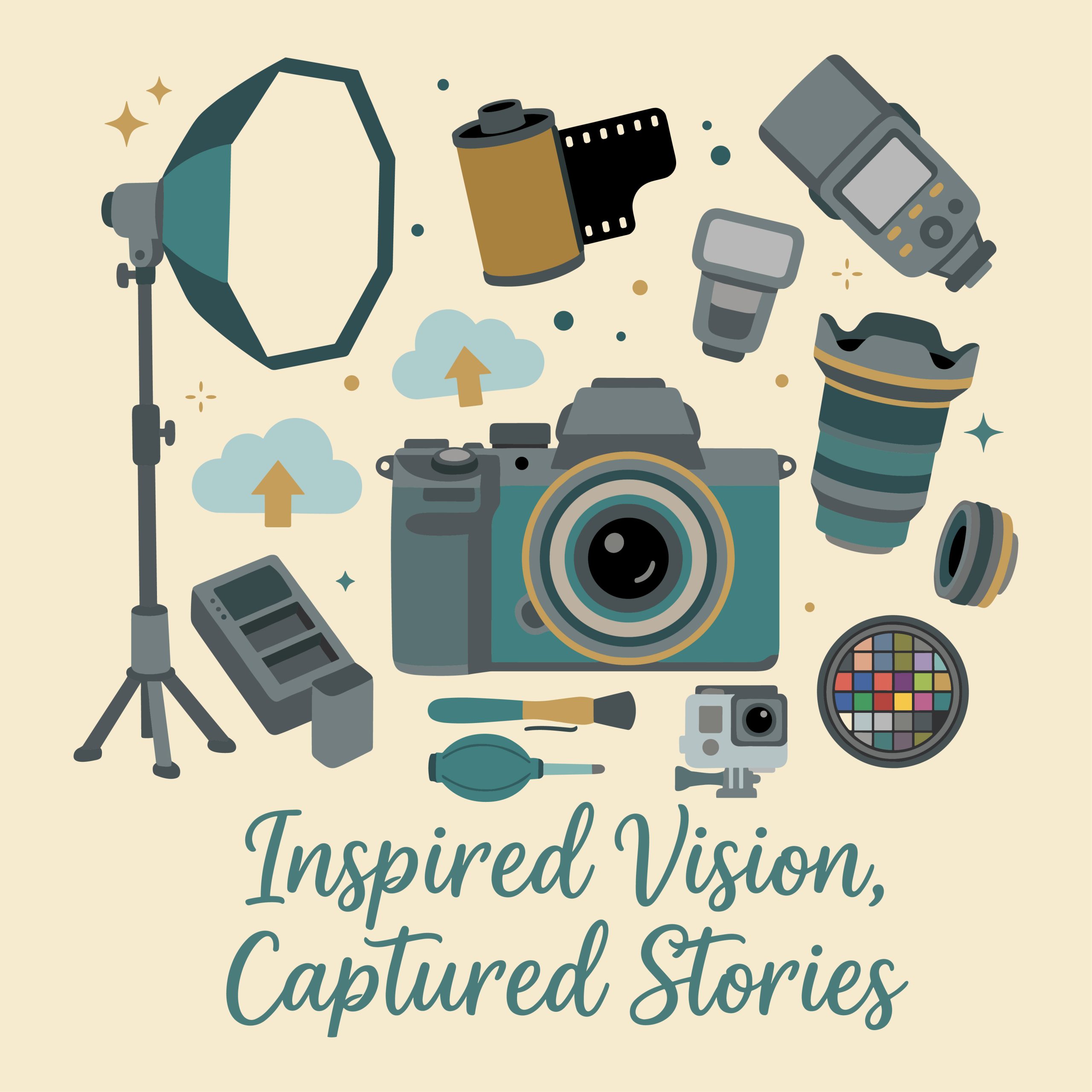 Free photography SVG flat vector illustration of camera equipment, lenses, and lighting with a quote.
