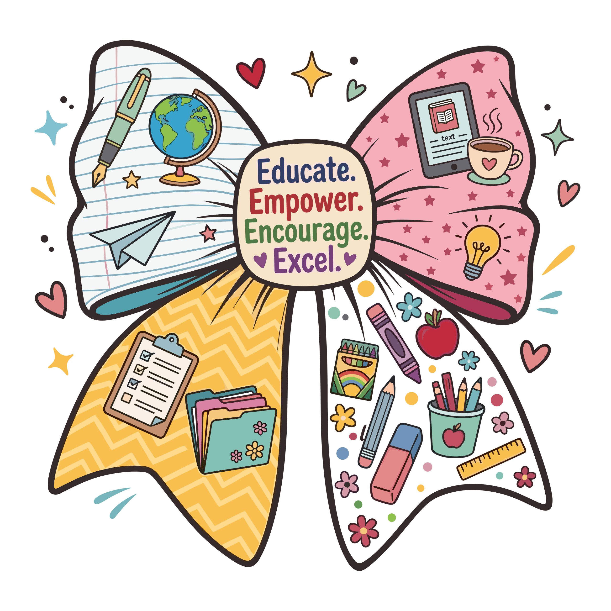 Free Teacher Bow SVG design featuring the quote Educate Empower Encourage Excel and colorful school supplies for Cricut and Silhouette crafting.