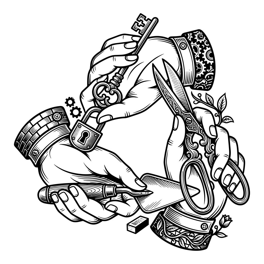 Vintage line art drawing of three hands holding antique scissors, a key with a padlock, and a masonry trowel with gear accents.