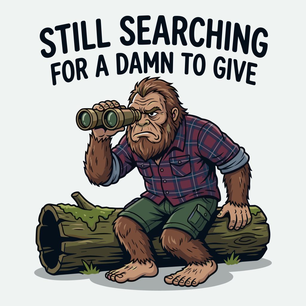 Funny Bigfoot SVG showing a sarcastic Sasquatch sitting on a log looking through binoculars