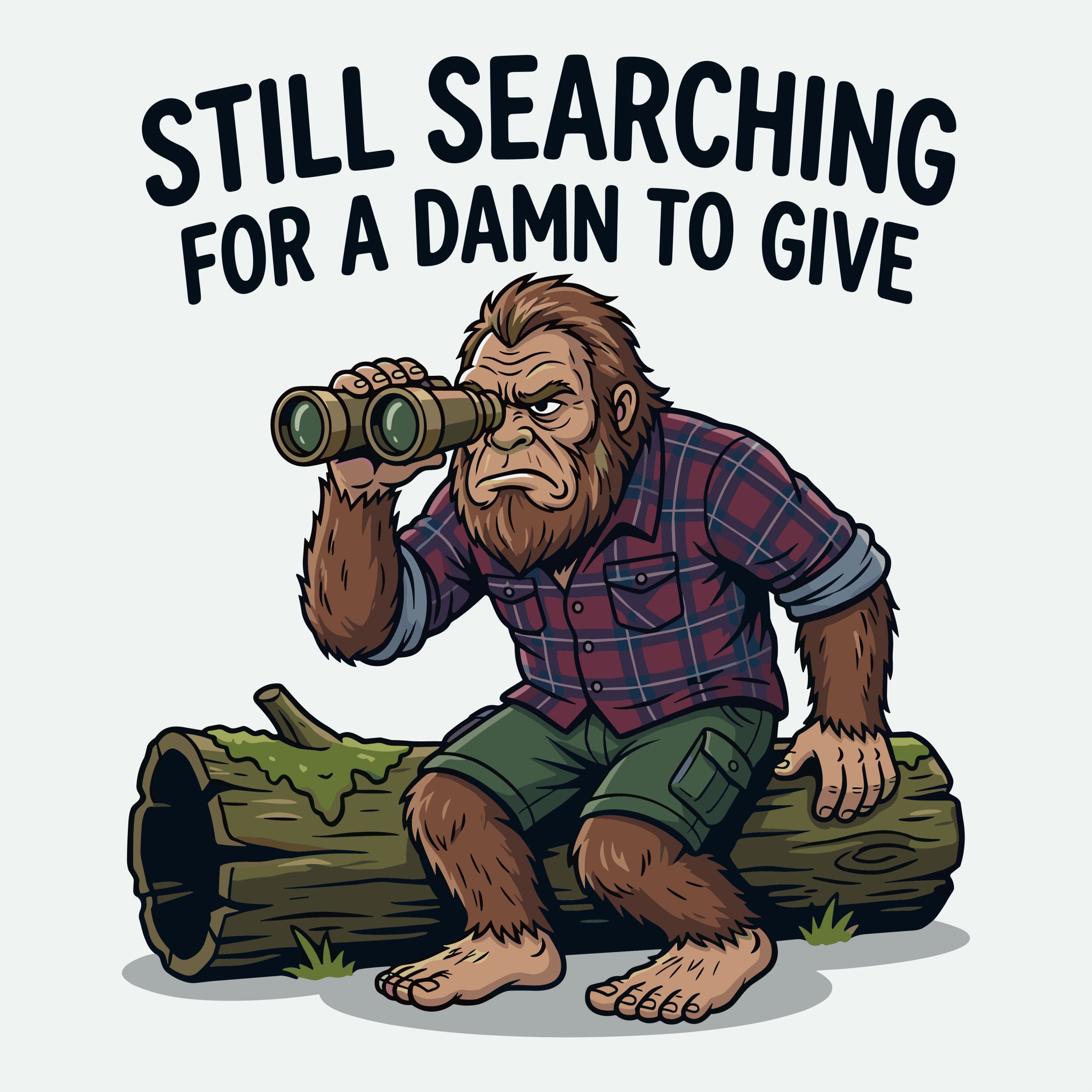 Funny Bigfoot SVG showing a sarcastic Sasquatch sitting on a log looking through binoculars