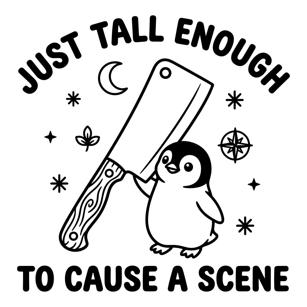 Black and white line art of a cute penguin holding a large cleaver knife surrounded by stars and a moon with the humorous quote Just Tall Enough To Cause A Scene.