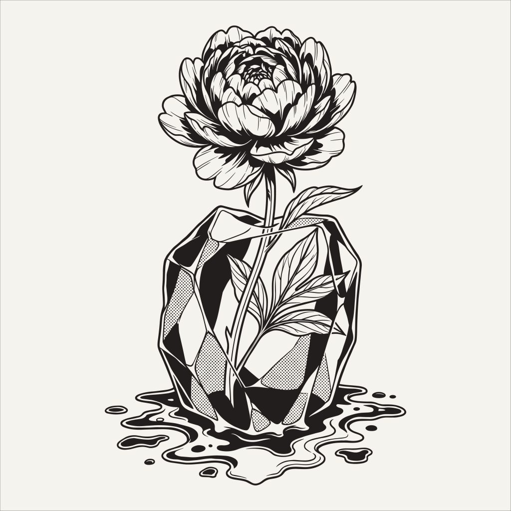 Black and white line art vector illustration of a blooming peony flower inside a faceted geometric vase with liquid spills at the base.