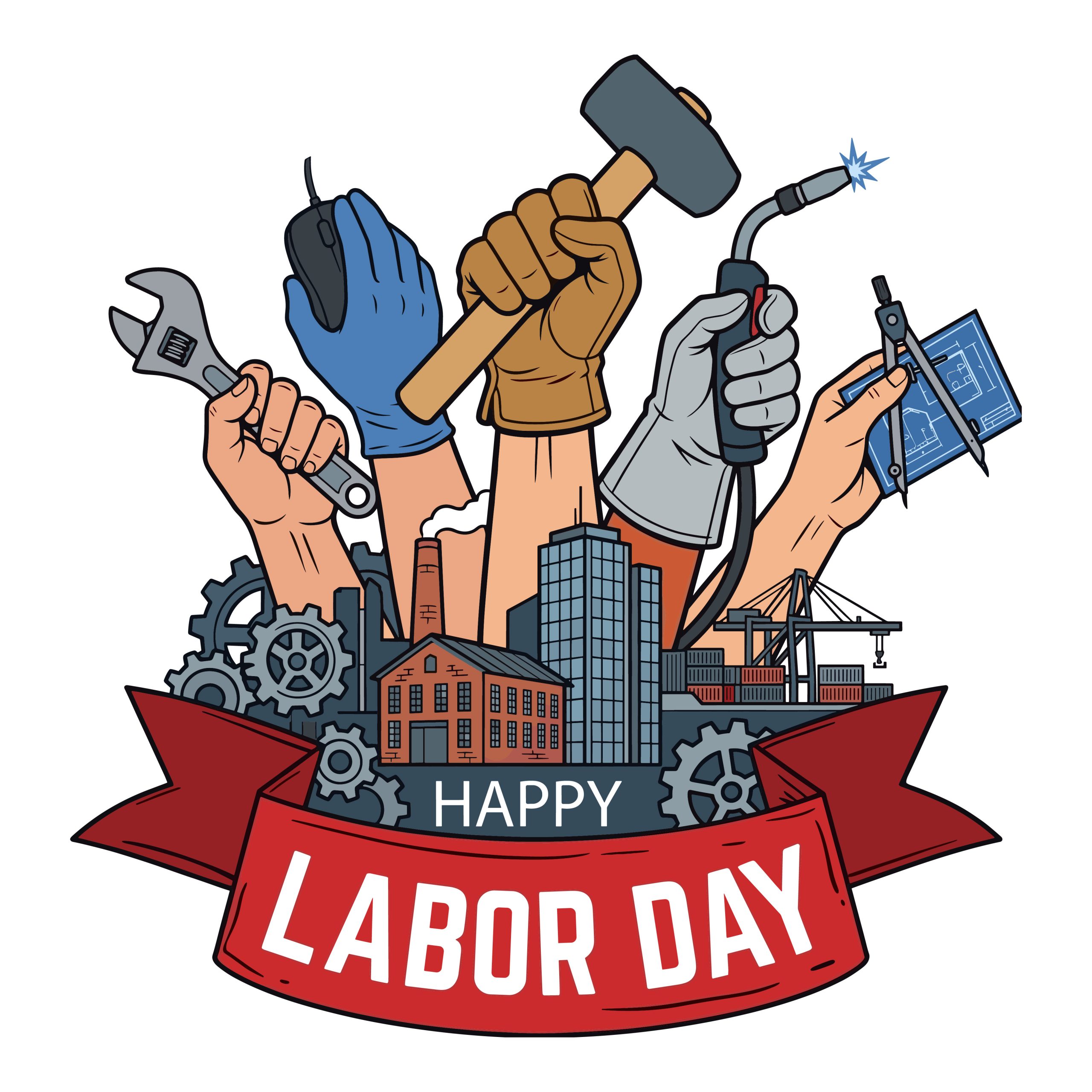 Happy Labor Day vector illustration showing diverse workers hands holding a wrench, computer mouse, hammer, welding torch, and compass above an industrial city background with a red ribbon.