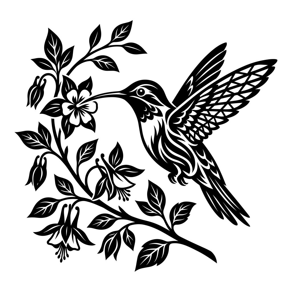 Free hummingbird SVG and detailed black and white vector illustration of a bird hovering near a blooming flower branch.