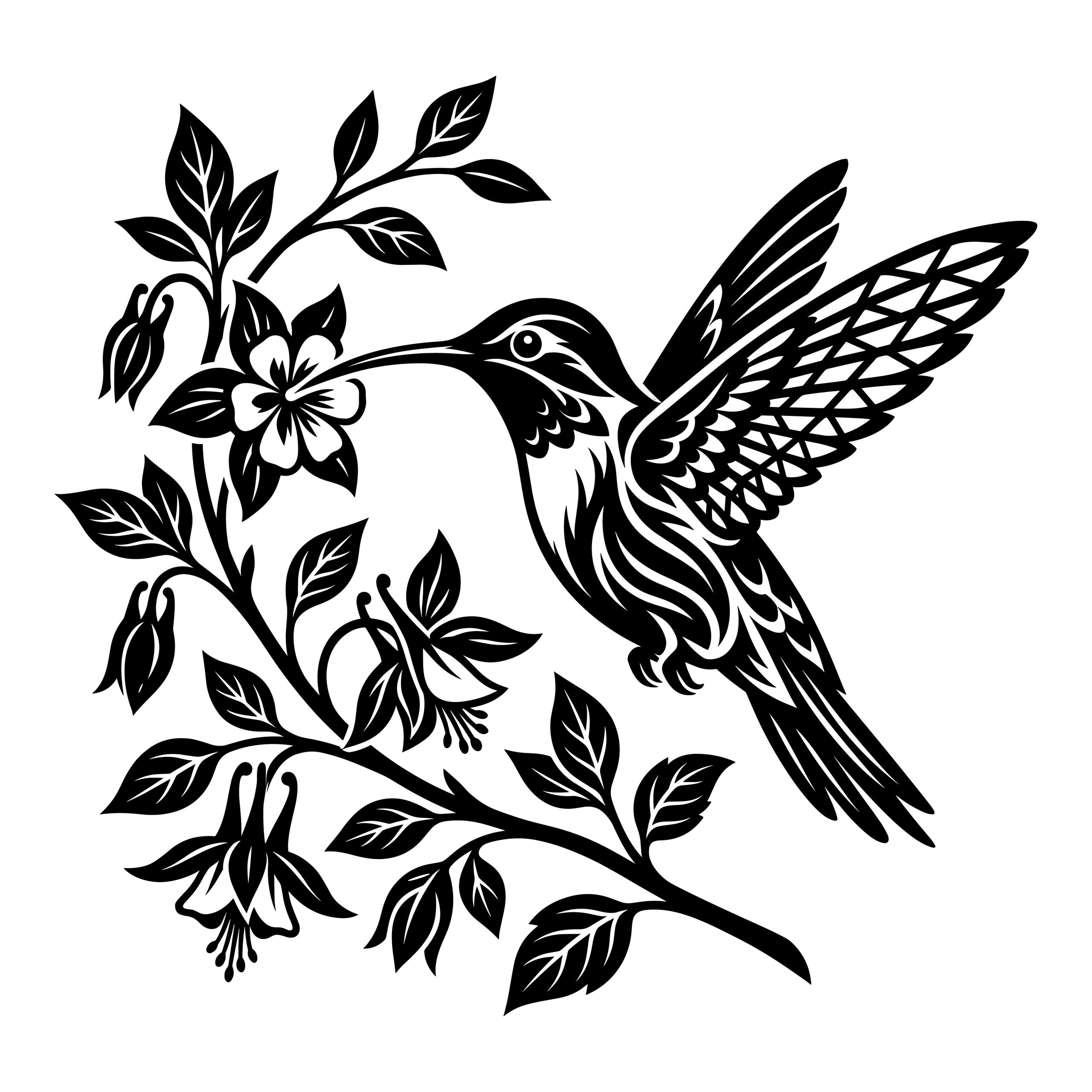 Free hummingbird SVG and detailed black and white vector illustration of a bird hovering near a blooming flower branch.