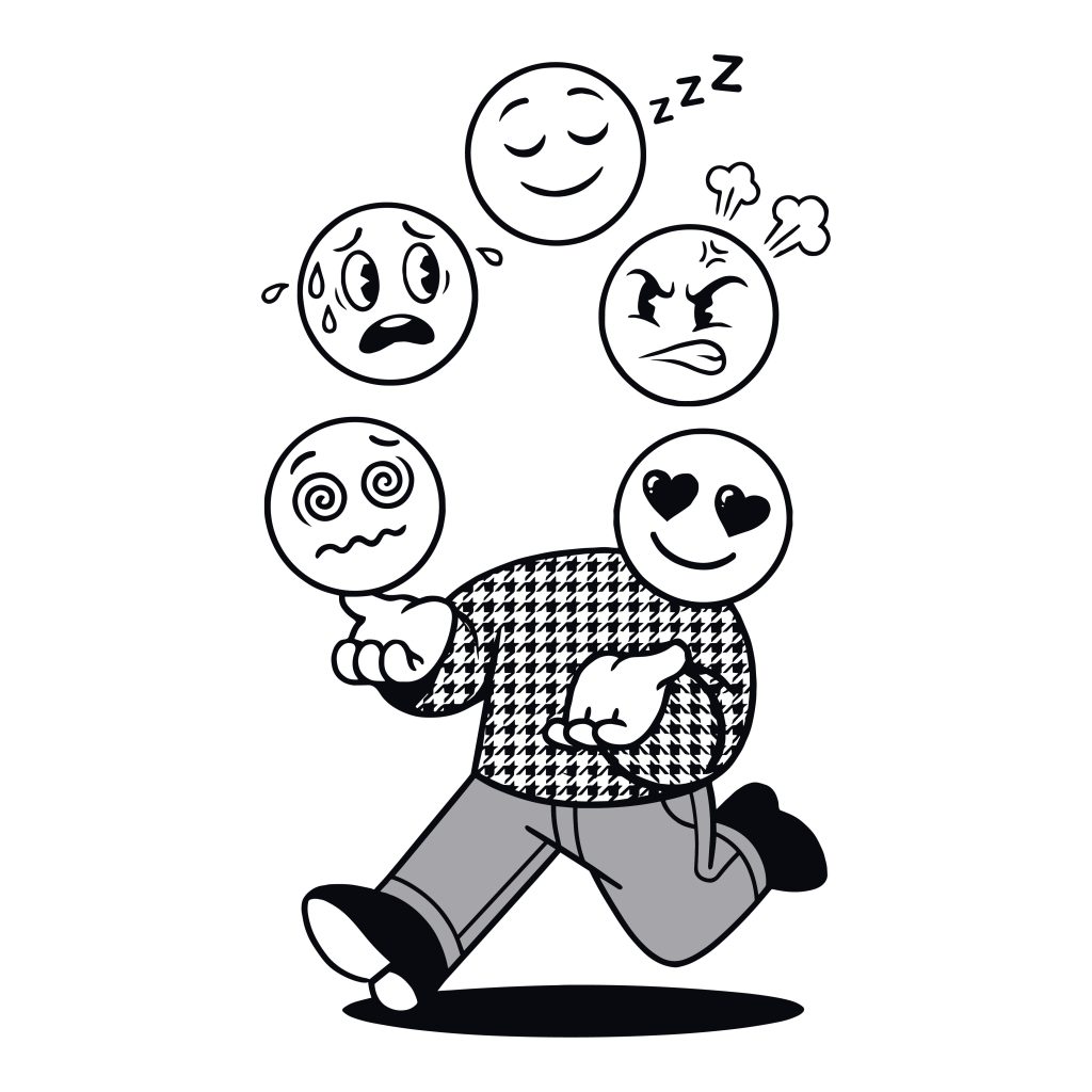 Juggling Emotions SVG - Black and white retro cartoon mascot character juggling sleeping, angry, in love, and dizzy emoji faces.