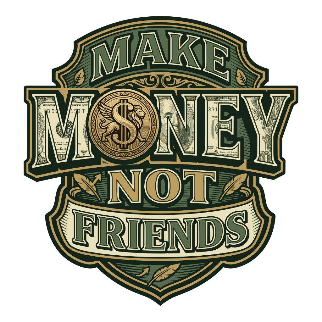 Make Money Not Friends vintage typography emblem featuring currency details, bold lettering, and a dollar sign crest.
