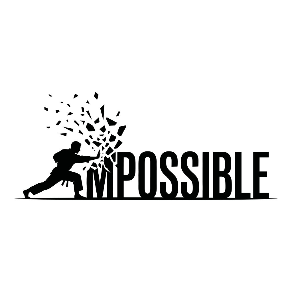 Black silhouette of a martial artist striking and breaking the letters IM in the word impossible to reveal the word possible.