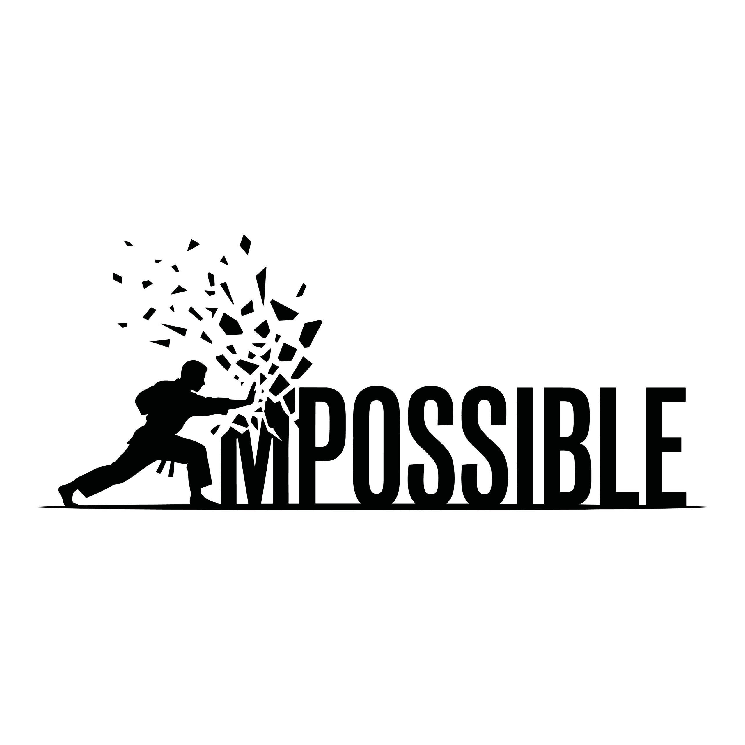 Black silhouette of a martial artist striking and breaking the letters IM in the word impossible to reveal the word possible.