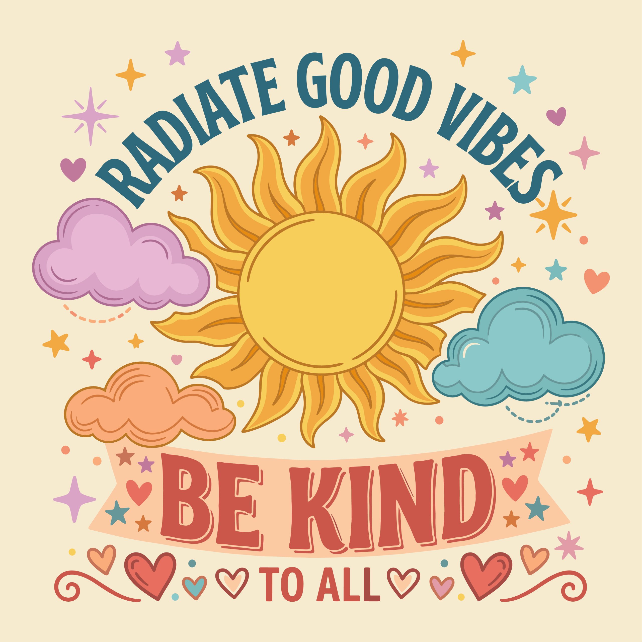 Radiate Good Vibes Be Kind To All retro sun and clouds vector illustration