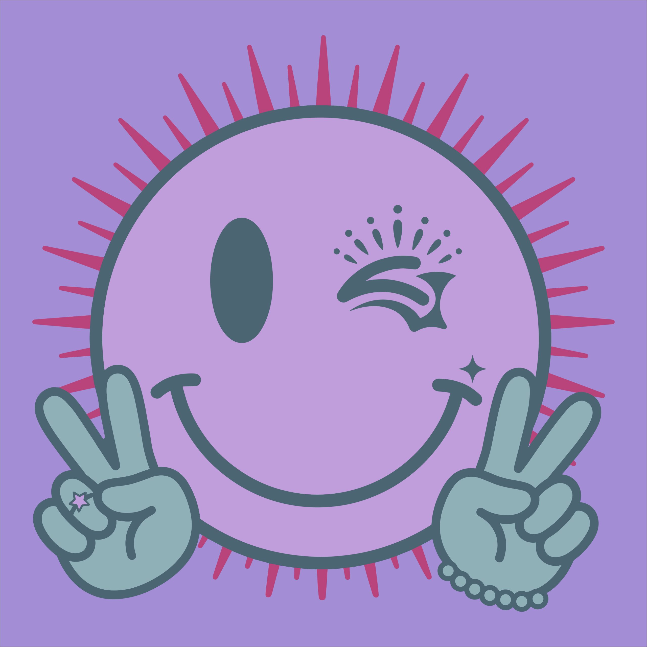 Retro groovy purple winking smiley face with peace signs and sunburst border vector illustration