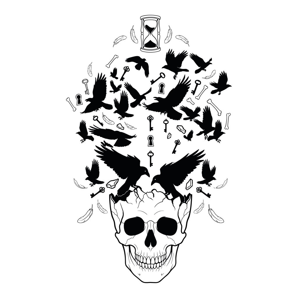 Black and white line art of a cracked human skull with ravens, vintage keys, bones, feathers, crystals, and an hourglass flying upward.