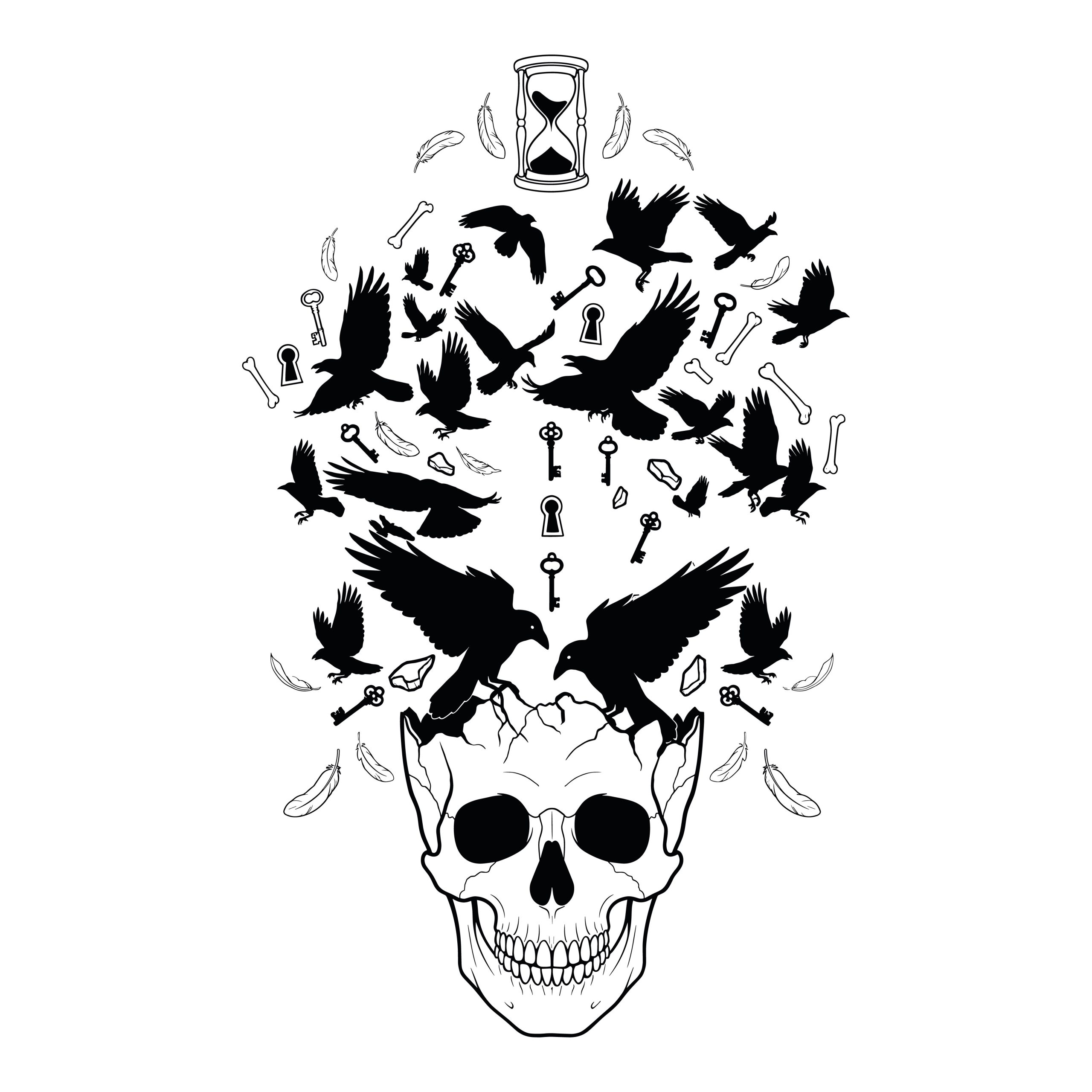 Black and white line art of a cracked human skull with ravens, vintage keys, bones, feathers, crystals, and an hourglass flying upward.