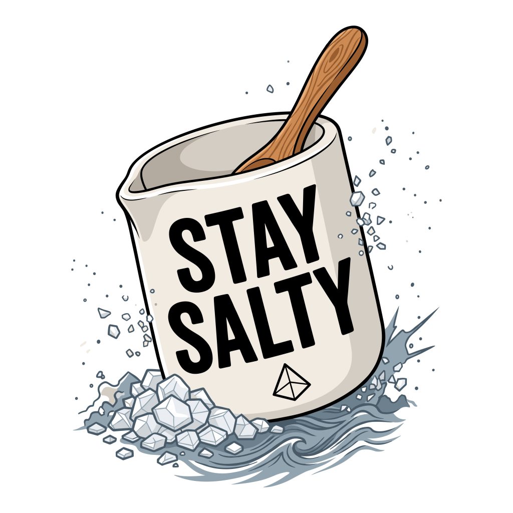 A funny Stay Salty typography vector illustration featuring a white cup, wooden spoon, salt crystals, and ocean waves.
