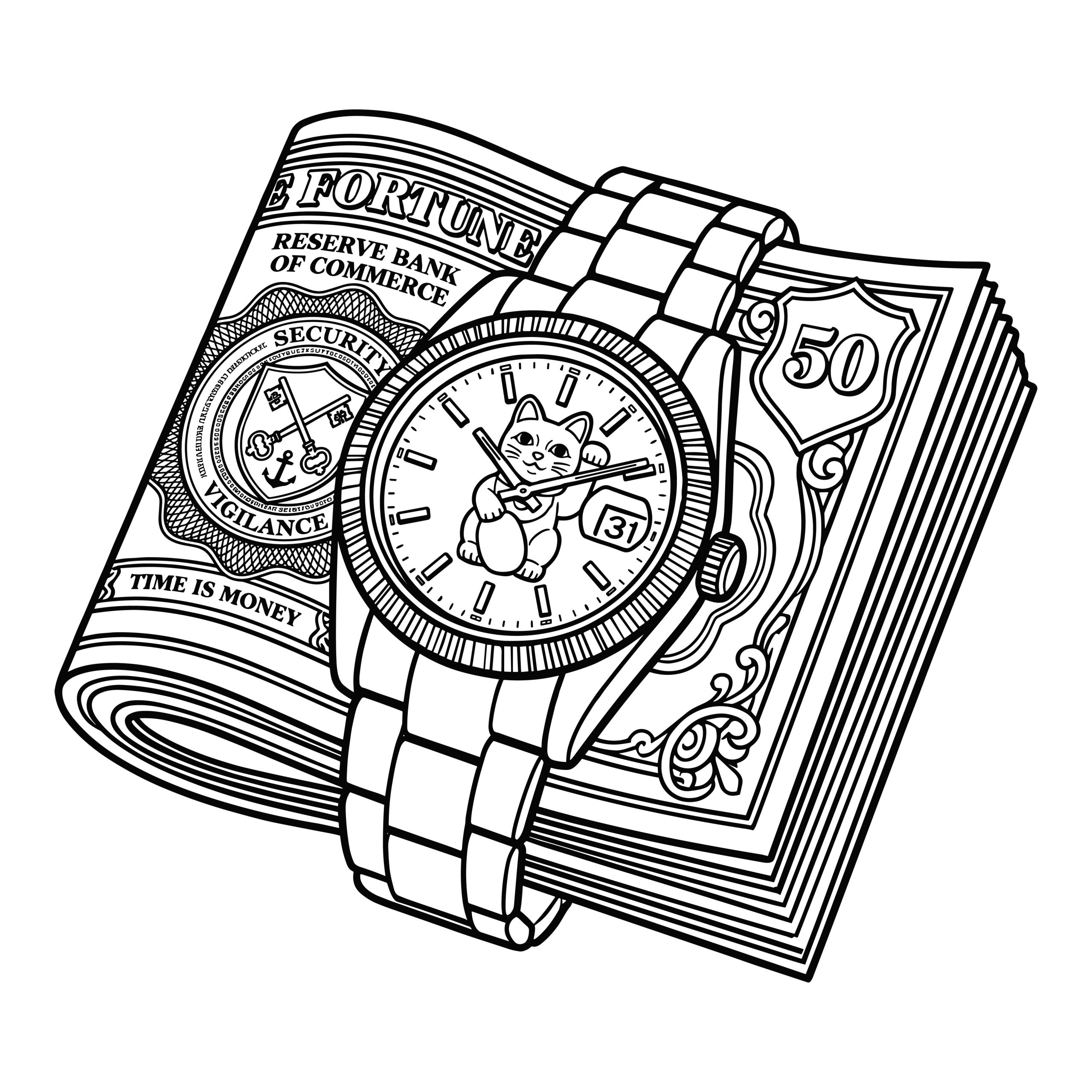 Time is Money SVG featuring a metal wristwatch with a lucky cat dial wrapped around a stack of fifty dollar bills.