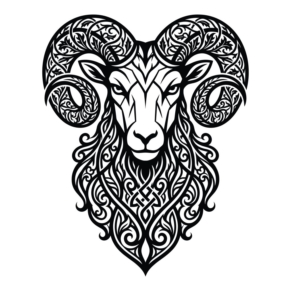Intricate black and white tribal ram head vector graphic with Celtic knotwork patterns, designed for Cricut and laser cutting.
