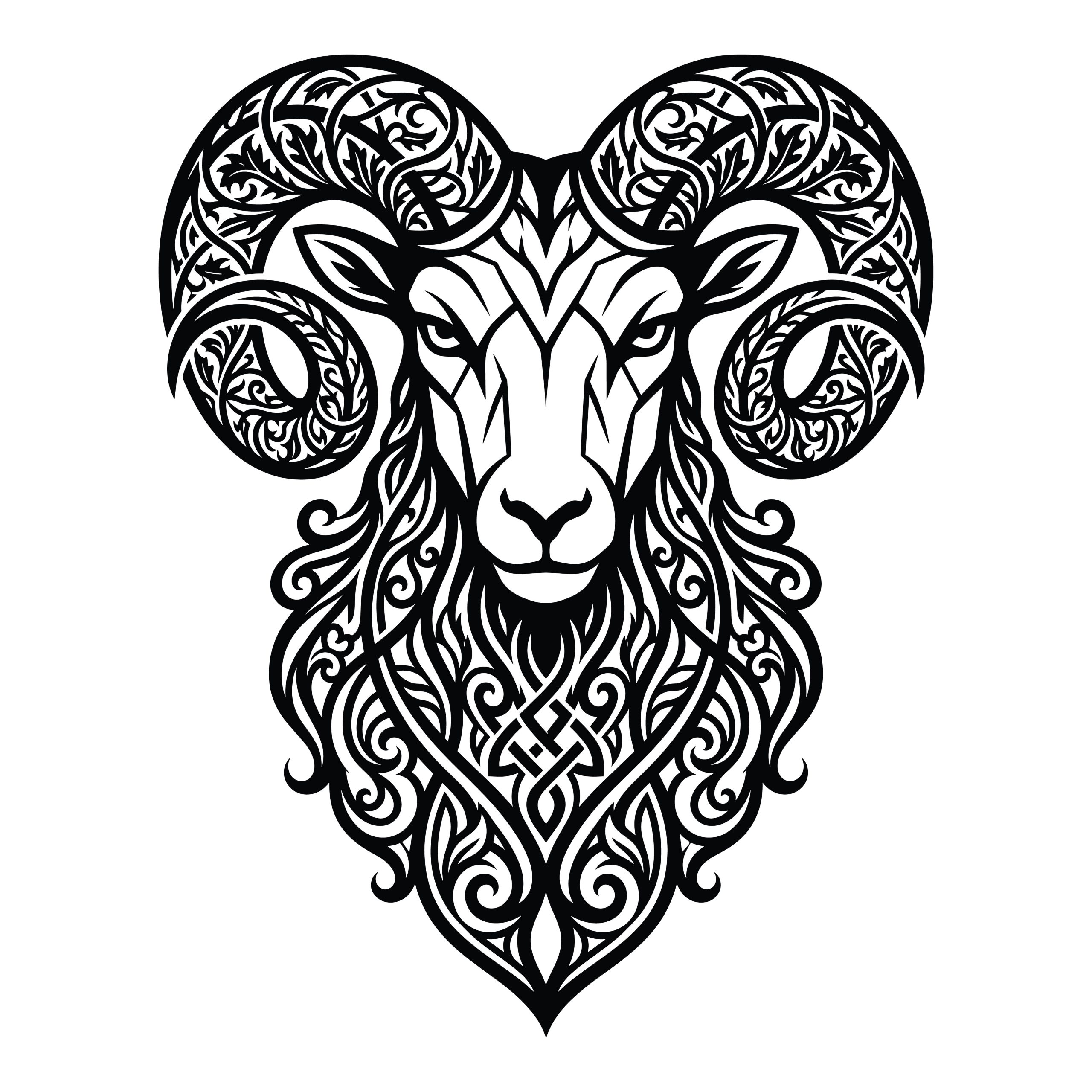 Intricate black and white tribal ram head vector graphic with Celtic knotwork patterns, designed for Cricut and laser cutting.