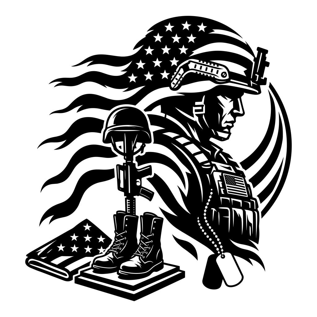Veteran Memorial SVG illustration featuring a soldier profile, American flag, and traditional battlefield cross.