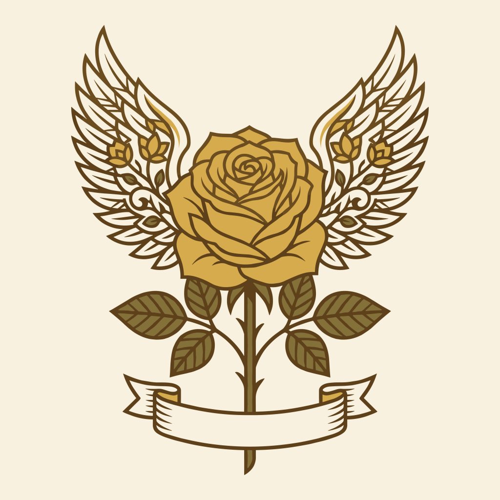 Vintage golden rose with angel wings and a blank ribbon banner vector illustration
