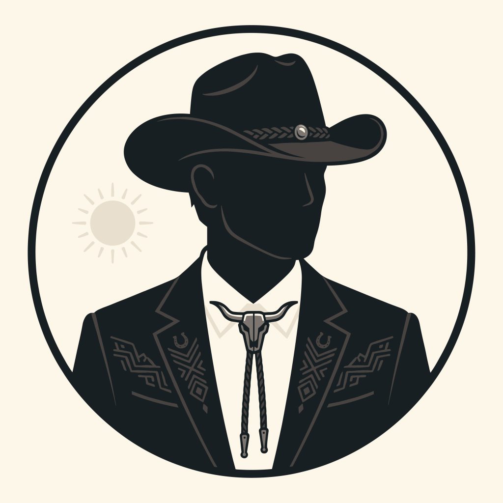 Flat vector illustration of a western cowboy silhouette wearing a traditional hat, embroidered suit, and longhorn bolo tie.