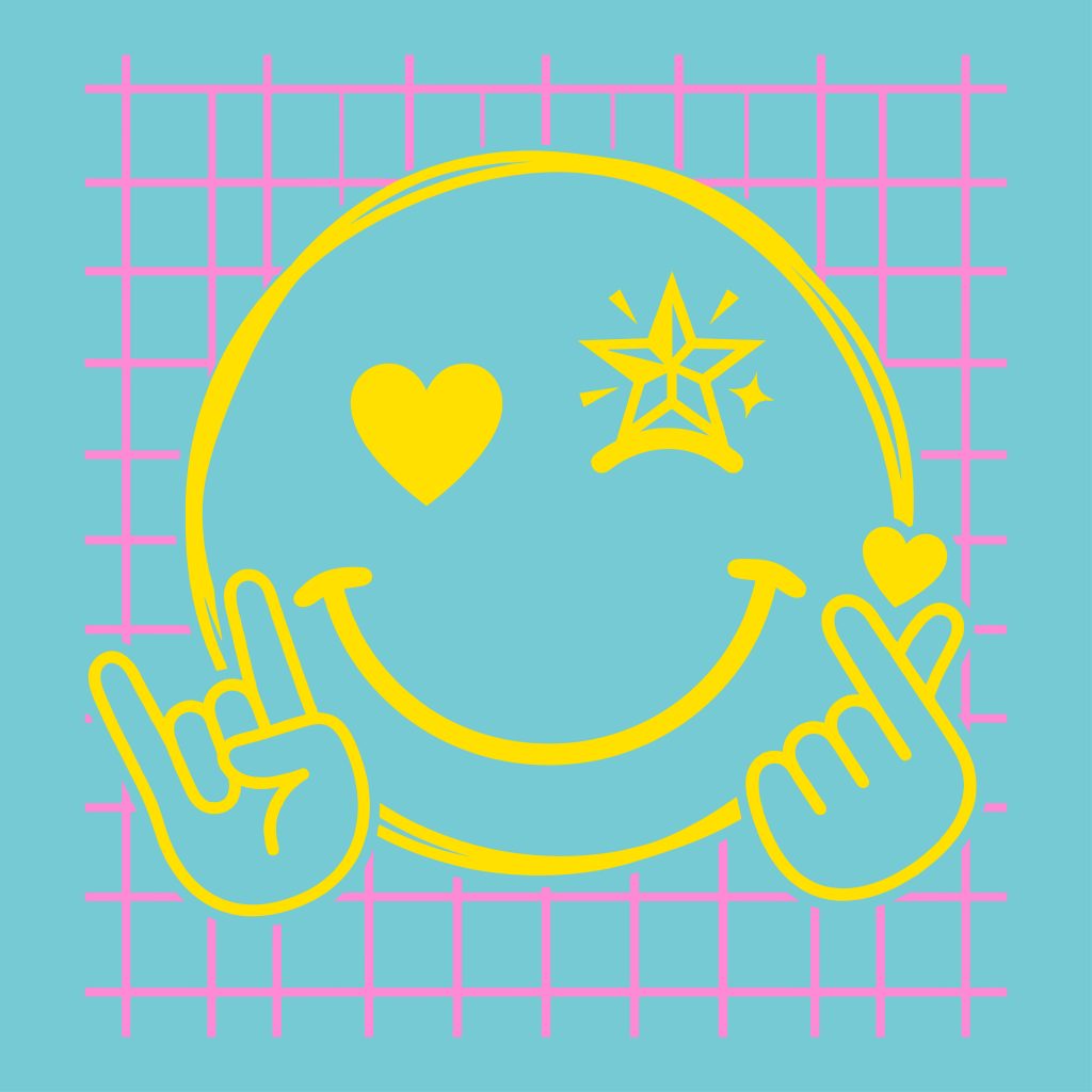 Y2K retro yellow smiley face vector with a star eye, heart eye, rock on hand, and finger heart gesture on a pink grid background.