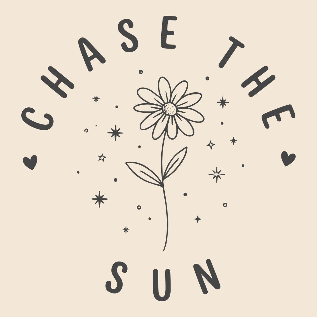 Chase The Sun boho flower line art design with stars and hearts