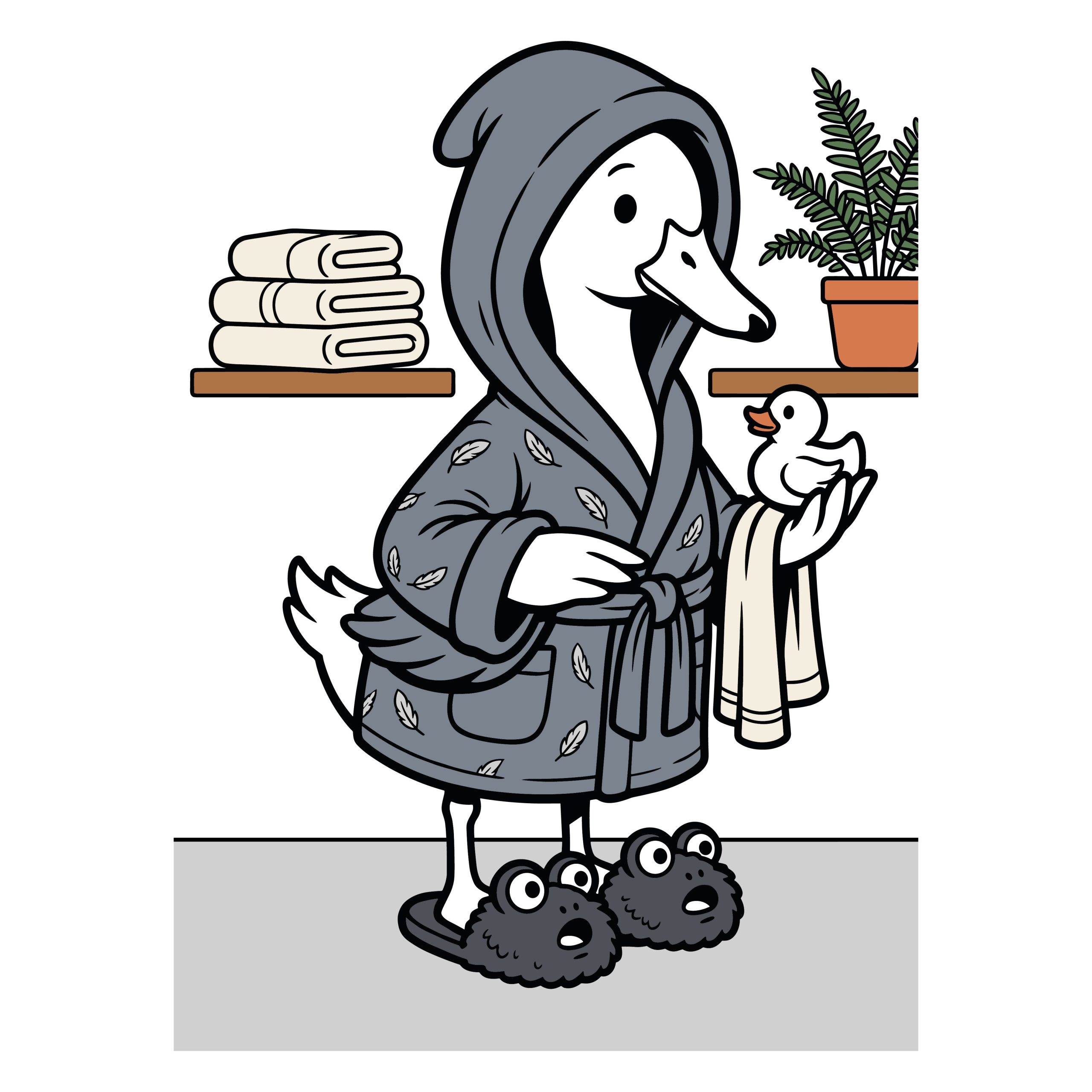 Cute cartoon duck wearing a bathrobe and fluffy slippers holding a rubber duck in a bathroom.