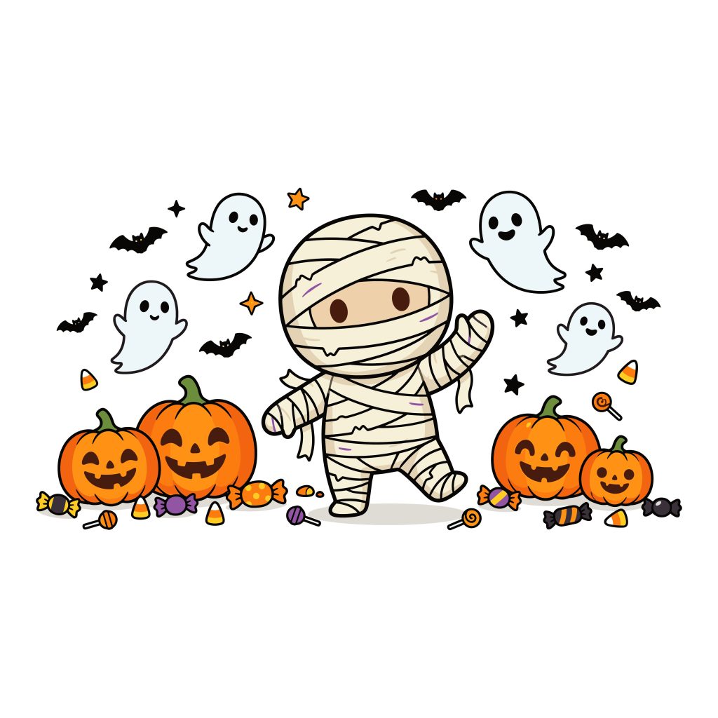 Cute Halloween mummy smiling with jack-o-lanterns, friendly ghosts, bats, and trick-or-treat candy