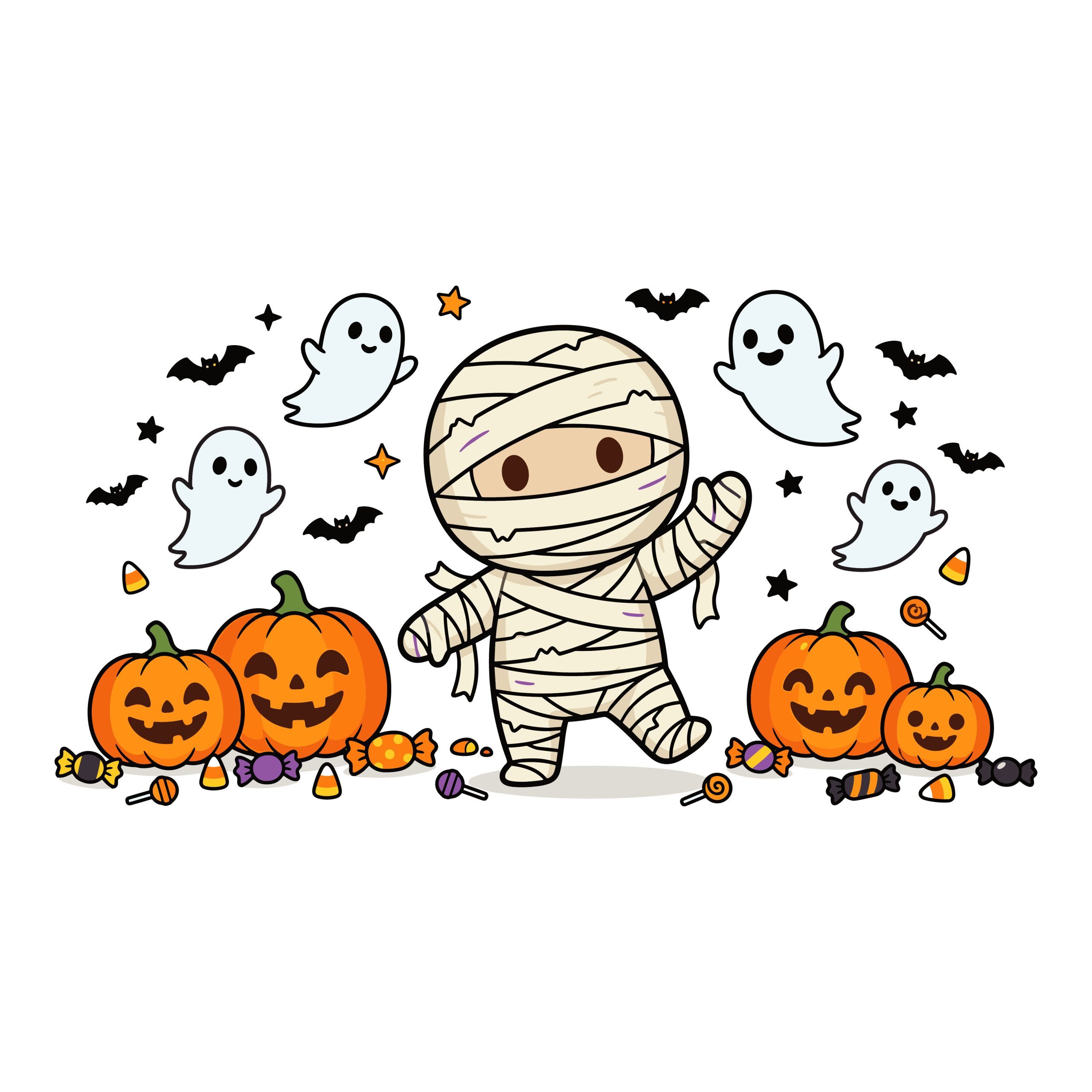 Cute Halloween mummy smiling with jack-o-lanterns, friendly ghosts, bats, and trick-or-treat candy