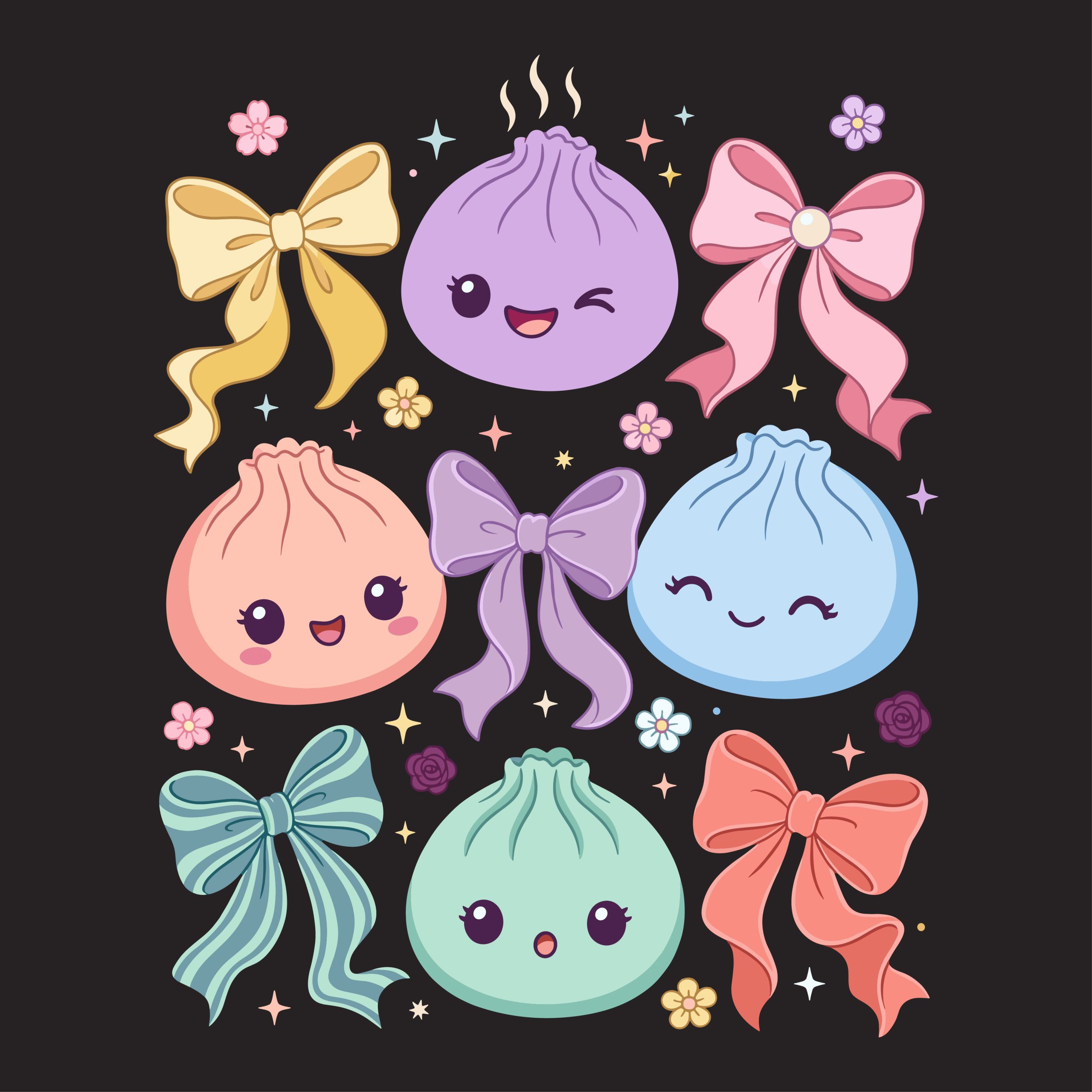 Cute kawaii dumpling with a colorful bow, available as a free SVG and vector download for crafting and digital projects.
