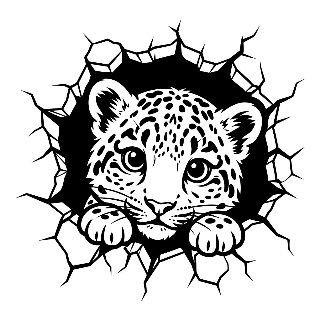 Black and white vector illustration of a cute leopard cub breaking through a cracked wall