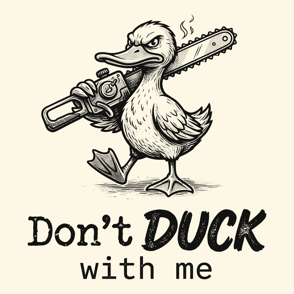 Vintage line art illustration of an angry duck holding a chainsaw with the distressed text Don't DUCK with me.