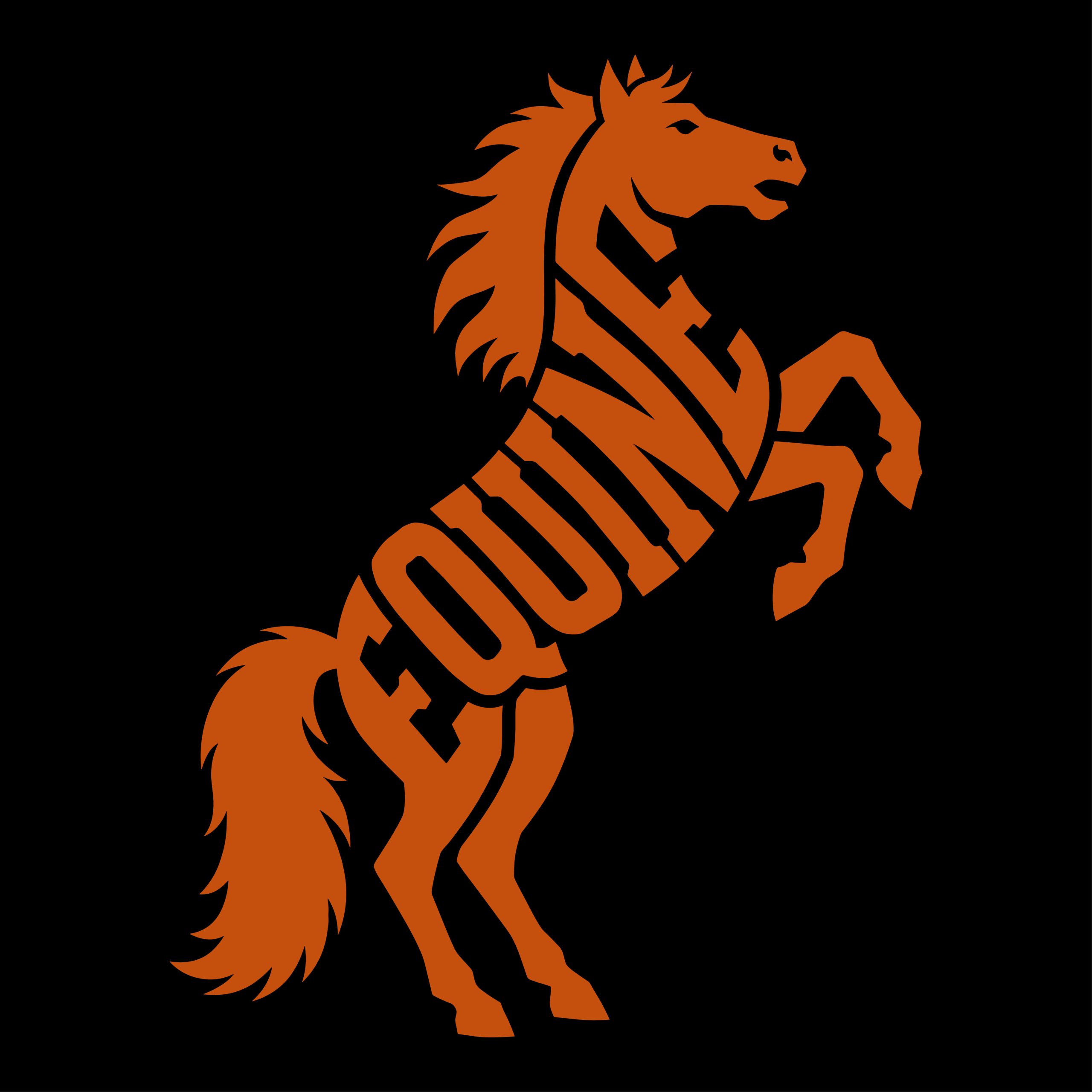 Orange rearing horse silhouette made from the word equine typography on a black background