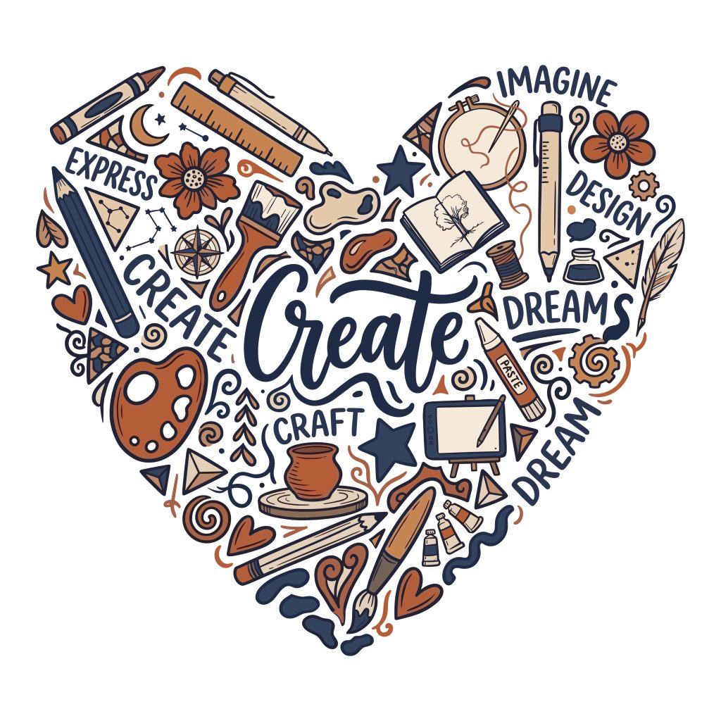 Heart-shaped doodle illustration containing art supplies like paintbrushes, pencils, color palettes, and motivational words like Create, Imagine, and Craft.