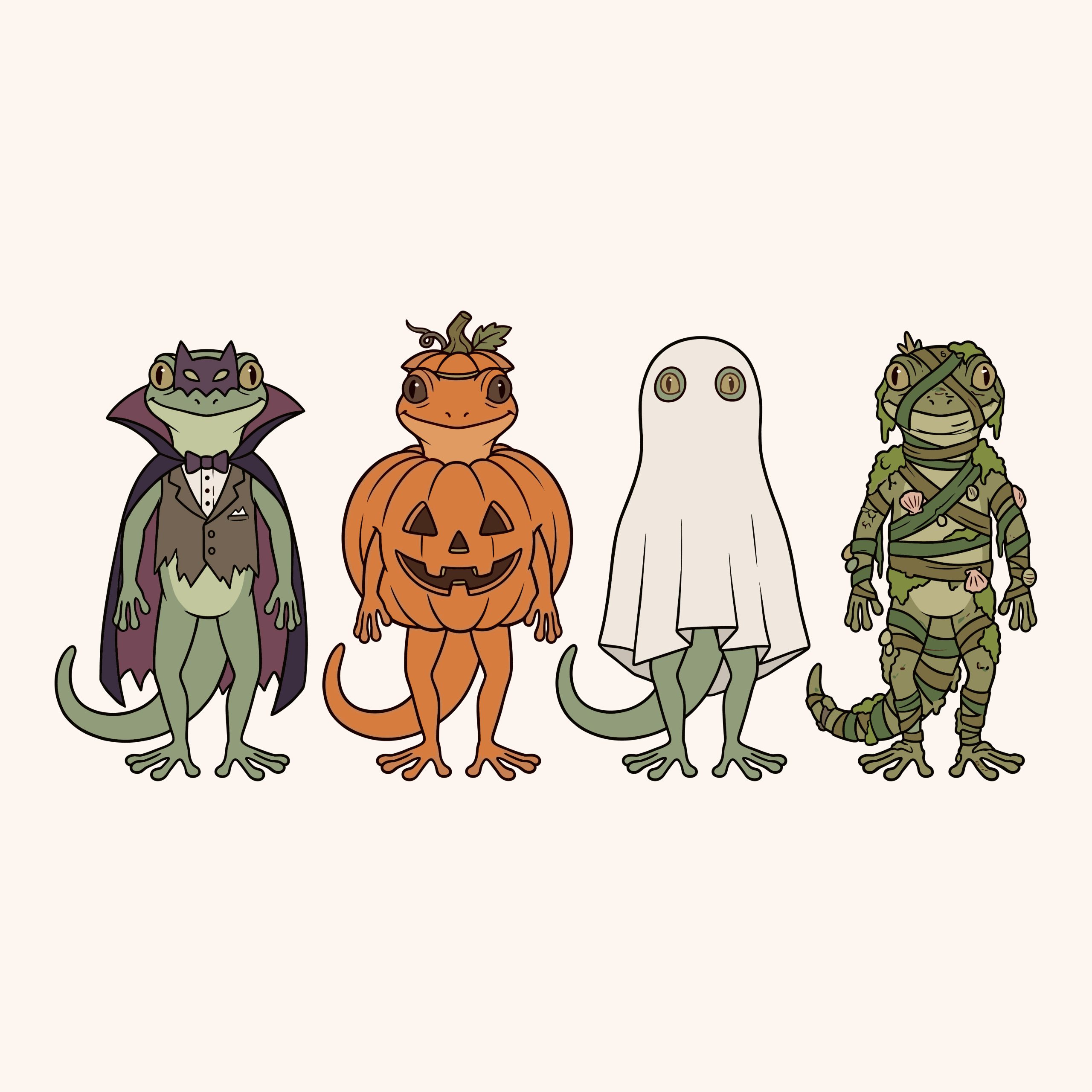 Free Halloween Lizard SVG bundle featuring four cute cartoon geckos dressed as a vampire, a pumpkin, a ghost, and a mummy.