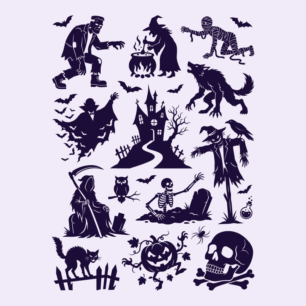 Free Halloween SVG Bundle featuring a spooky haunted house, witch, vampire, werewolf, skeleton, grim reaper, and pumpkin on a light background.