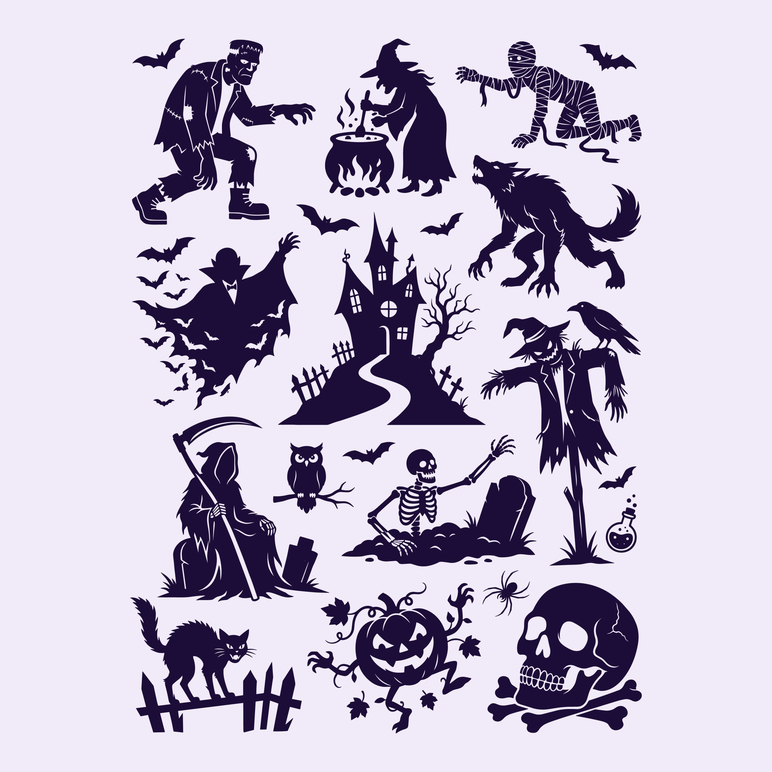Free Halloween SVG Bundle featuring a spooky haunted house, witch, vampire, werewolf, skeleton, grim reaper, and pumpkin on a light background.