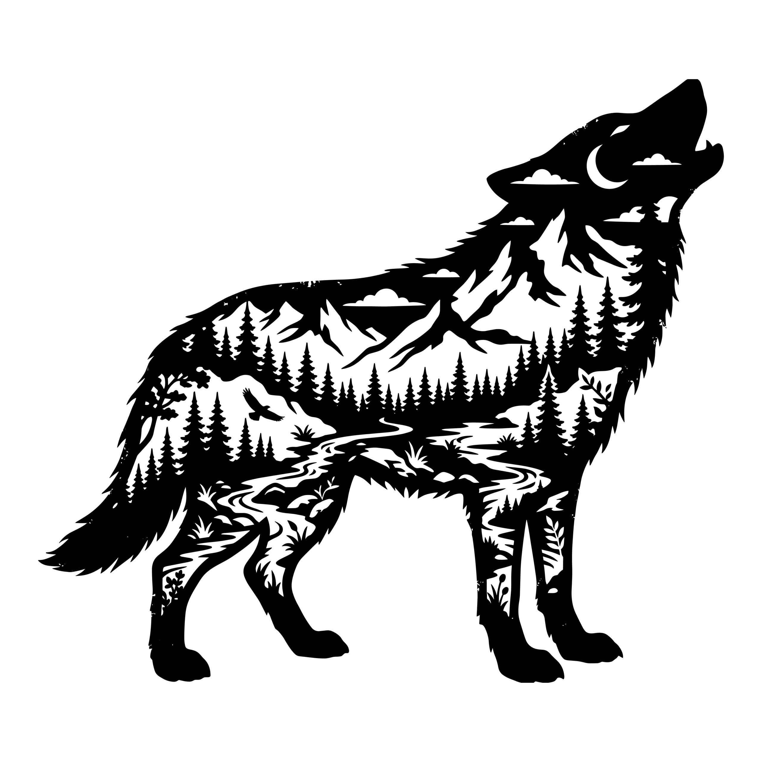 Black silhouette of a howling wolf featuring a detailed mountain, pine forest, and river landscape inside, available as a free SVG cut file.