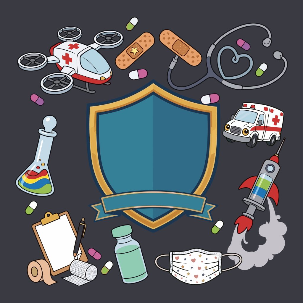 Cute medical and healthcare vector illustrations including a stethoscope, ambulance, and shield banner for free download.