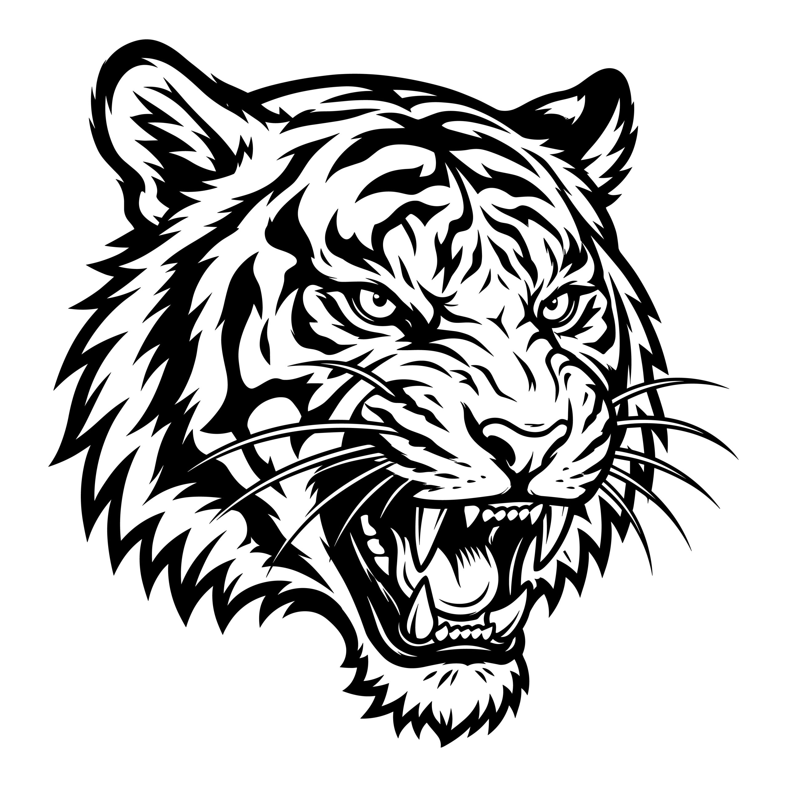 Black and white roaring tiger head vector graphic with sharp teeth, available for free download.