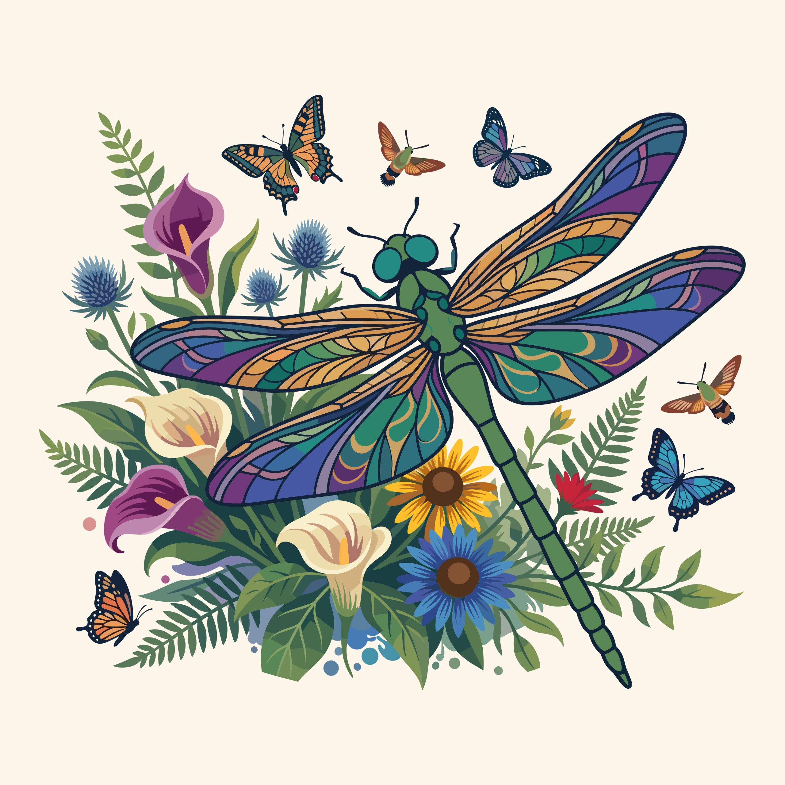 Free dragonfly SVG featuring a colorful stained glass insect surrounded by butterflies, calla lilies, and ferns.