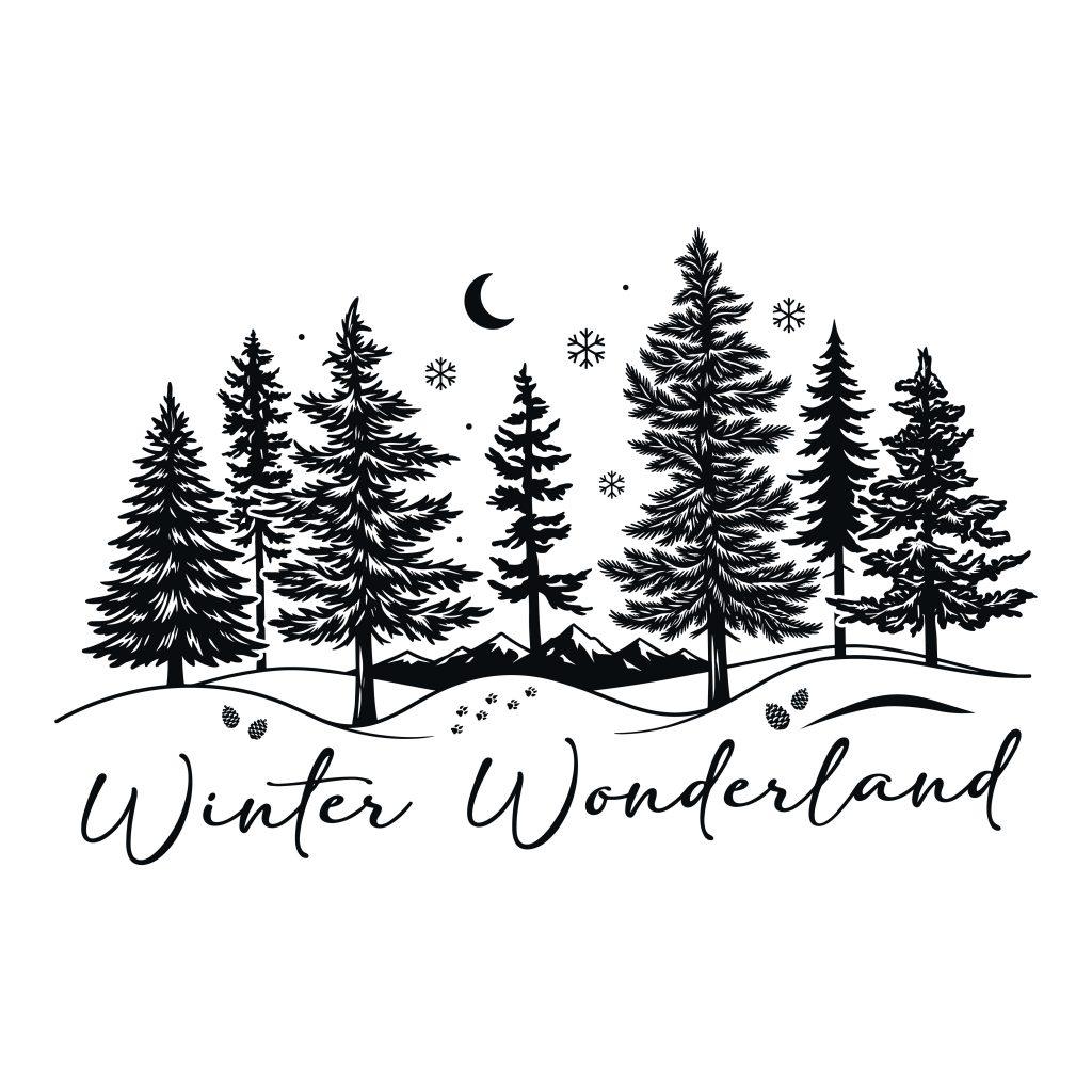 Winter Wonderland forest silhouette SVG featuring pine trees, mountains, and snowflakes for Cricut and Silhouette.