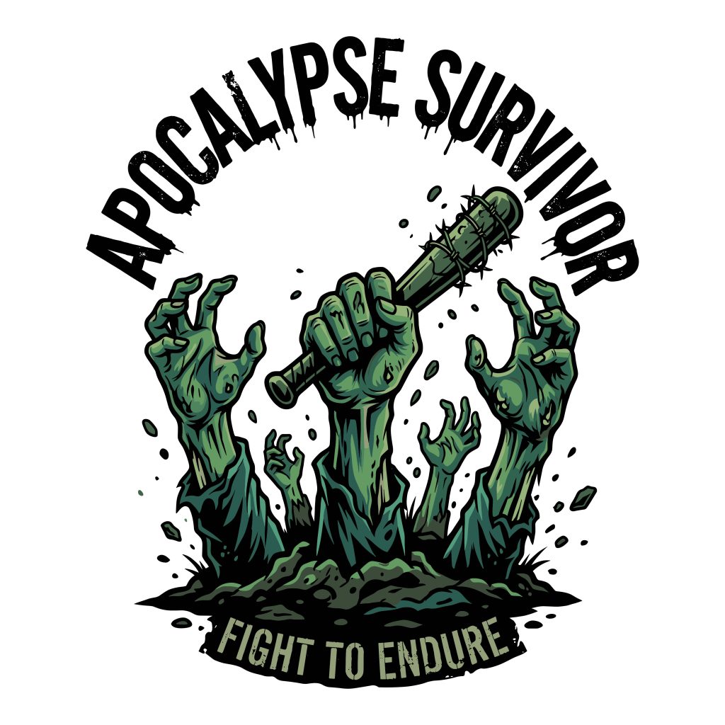 Zombie Apocalypse Survivor vector illustration showing green zombie hands reaching out of the dirt holding a barbed wire baseball bat.