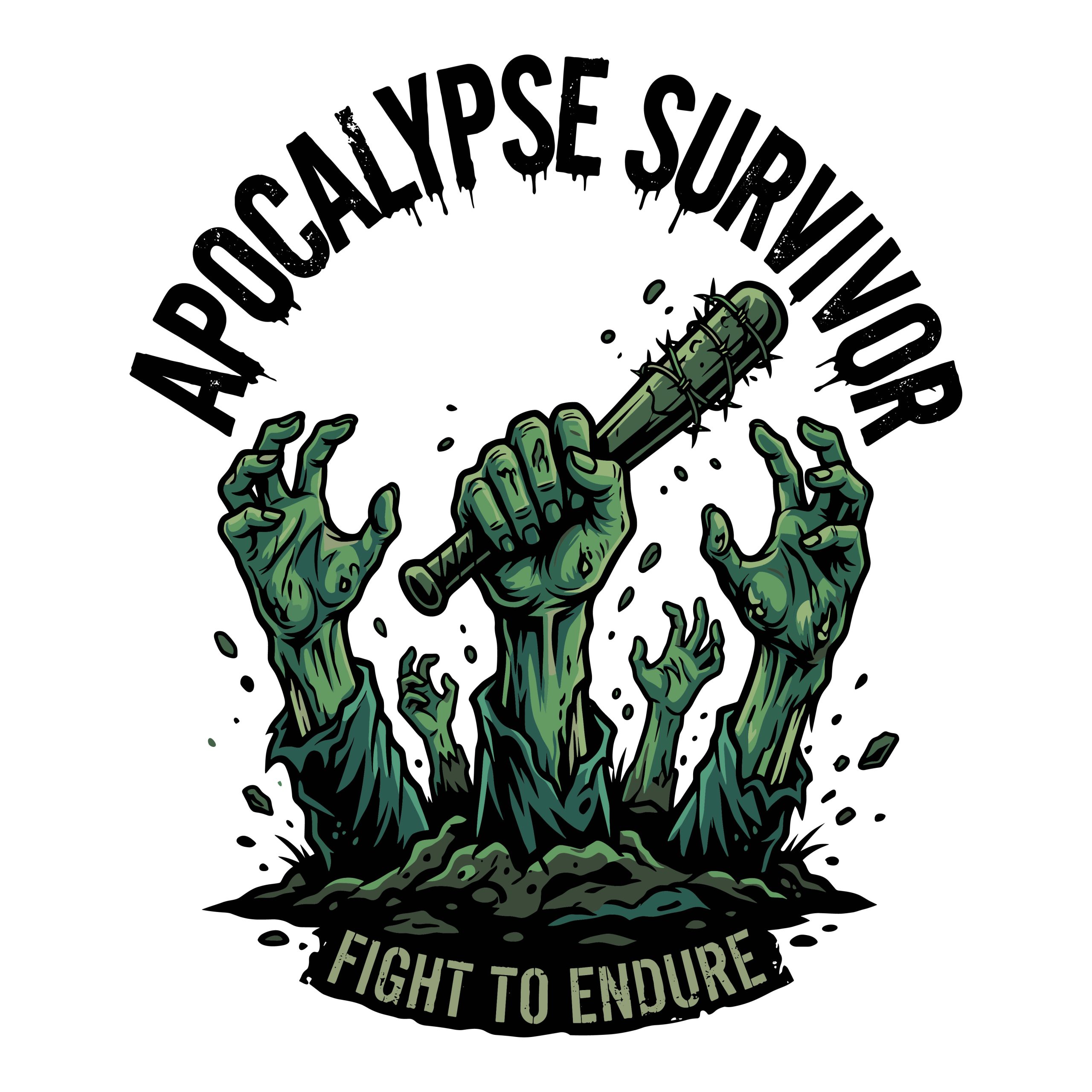 Zombie Apocalypse Survivor vector illustration showing green zombie hands reaching out of the dirt holding a barbed wire baseball bat.